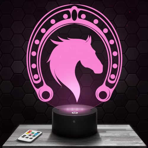 Lampe 3D avec une tête de cheval et un fer à cheval porte-bonheur