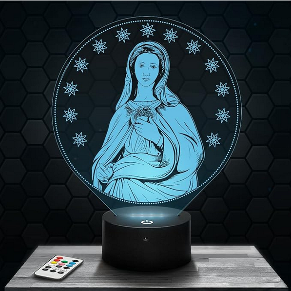 lampe avec la vierge marie dans une mandorle tenant la médaille
